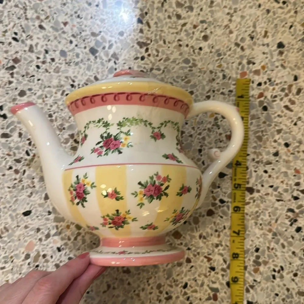 Laura Ashley ceramic floral pink yellow tea pitcher kettle